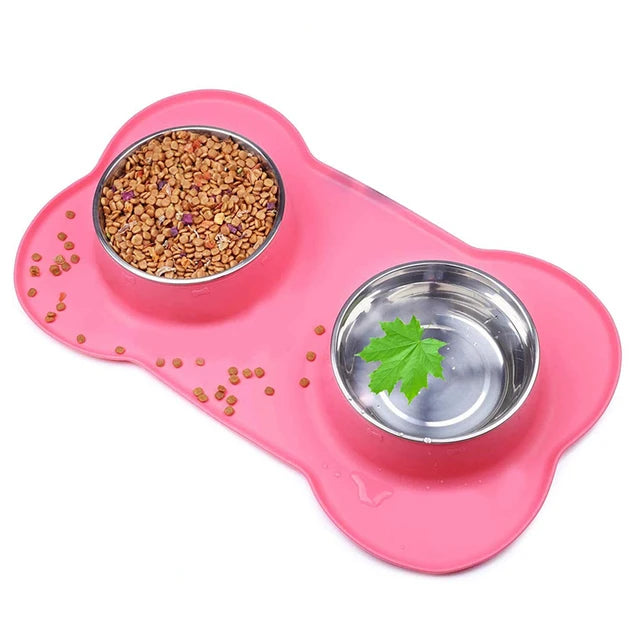 Stainless Steel Dog Bowl Set with Anti-Slip Silicone Mat